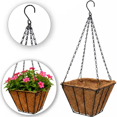 CESTO SUSPENSO / VASO DE FIBRAS NATURAIS COM SUPORTE ARAMADO E CORRENTE 20X14CM