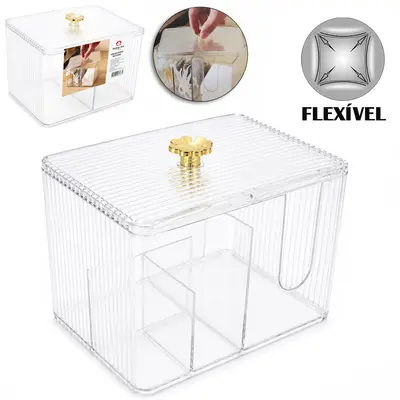 ORGANIZADOR PORTA OBJETOS DE PLASTICO PET FLEXIVEL RETANGULAR COM 4 DIVISORIAS + TAMPA MULTIUSO 14,5X11,2X10,5CM