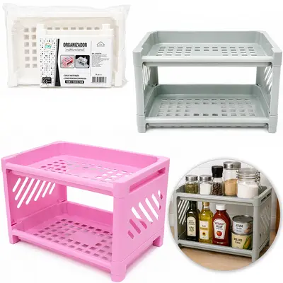 ORGANIZADOR PRATELEIRA RACK DUPLA DE PLASTICO RETANGULAR MULTIUSO 23X15X15CM