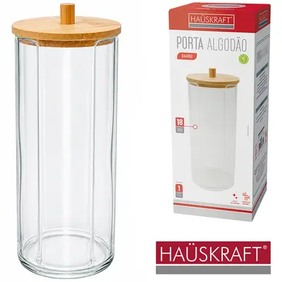 ORGANIZADOR PORTA DISCO DE ALGODAO DE ACRILICO REDONDO COM TAMPA DE BAMBU HAUSKRAFT 18X7CM DE Ø