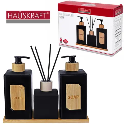 JOGO PARA BANHEIRO COM DIFUSOR AROMAS PARA AMBIENTE VIDRO QUADRADO PRETO COM GOLA E SUPORTE BAMBU SAVIA HAUSKRAFT 4 PECA