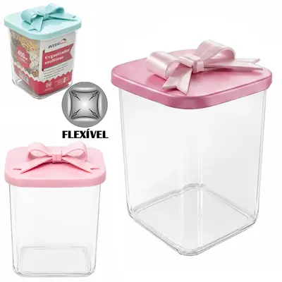 ORGANIZADOR DE PLASTICO PET FLEXIVEL QUADRADO MULTIUSO COM TAMPA LACO SILICONE INTER HOUSE 450ML 10X8,5CM