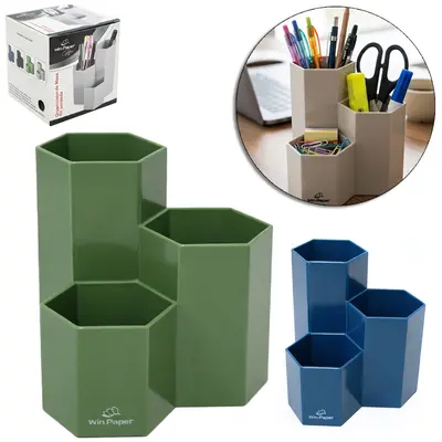 ORGANIZADOR DE MESA / PORTA CANETA / LAPIS DE PLASTICO SEXTAVADO COM 3 CAVIDADES WIN PAPER OFFICE 12X11CM
