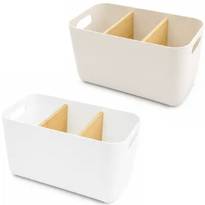 CESTO CAIXA ORGANIZADOR PLASTICO COM 2 DIVISORIAS DE BAMBU MOVEL 19,5X11X9CM