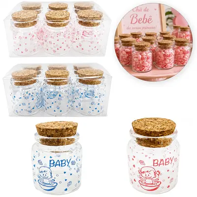 FRASCO / POTE DE VIDRO REDONDO BABY COM TAMPA CORTICA 6 PECAS 50ML