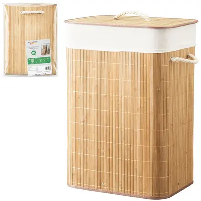 CESTO ORGANIZADOR PARA ROUPAS / ROUPEIRO BAMBU COM TAMPA + ALCA + ARAME E FORRO POLIESTER FLEXGOLD HOME 60L 50X40X30CM