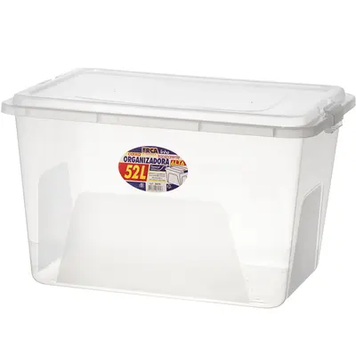 CAIXA ORGANIZADOR CONTAINER PLASTICO RETANGULAR ALTA TRANSPARENTE COM TAMPA+ TRAVA E ALCA 52L 56X40X34CM
