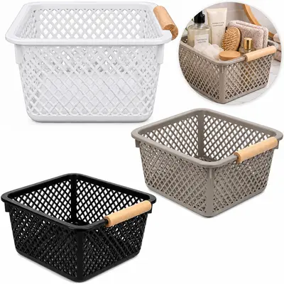 CESTO ORGANIZADOR DE PLASTICO QUADRADO VAZADO COM ALCA DE MADEIRA 15,8X14,5X9,5CM