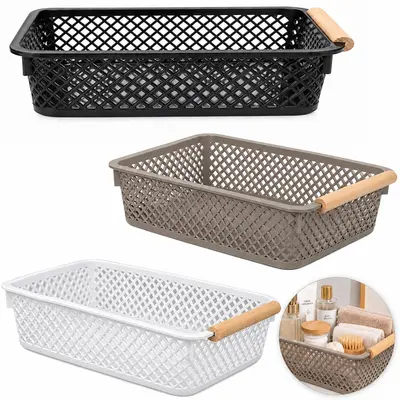 CESTO ORGANIZADOR DE PLASTICO RETANGULAR VAZADO COM ALCA DE MADEIRA 27,5X18,5X7CM