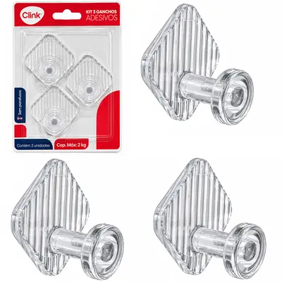 CABIDE GANCHO DE PLASTICO LOSANGO AUTOADESIVO PRETO / TRANSPARENTE COM 3 PECAS