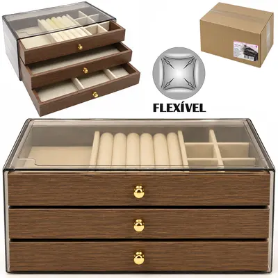 ORGANIZADOR PORTA JOIAS POLIESTER / PLASTICO PET FLEXIVEL E MADEIRA MDF RETANGULAR 3 GAVETAS + 14 DIVISORIAS JOLYIN BEAU