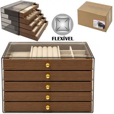 ORGANIZADOR PORTA JOIAS POLIESTER / PLASTICO PET FLEXIVEL E MADEIRA MDF RETANGULAR 5 GAVETAS + 38 DIVISORIAS JOLYIN BEAU