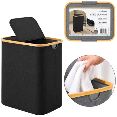 CESTO ORGANIZADOR PARA ROUPAS / ROUPEIRO BAMBU / OXFORD RETANGULAR DOBRAVEL COM TAMPA E ALCA CASA NOBRE 49X44X33CM
