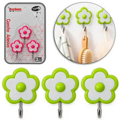 CABIDE GANCHO DE METAL FLOR AUTOADESIVO COM 3 PECAS 5,5X4CM DE Ø