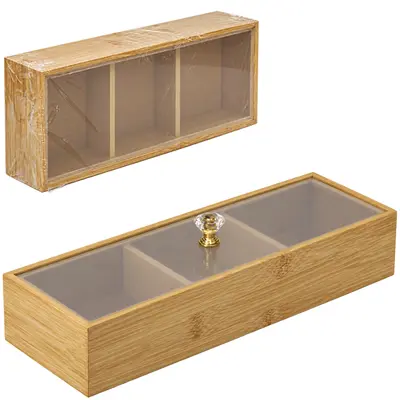 CAIXA ORGANIZADOR DE MADEIRA MDF RETANGULAR COM 3 DIVISORIAS + TAMPA DE PLASTICO PET 30X10X6,7CM