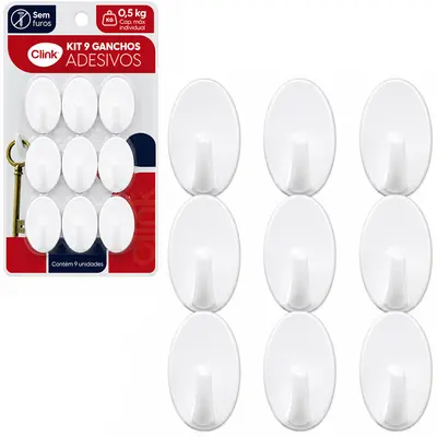 CABIDE GANCHO DE PLASTICO OVAL AUTOADESIVO COM 9 PECAS 3,7X2,8CM NA CARTELA