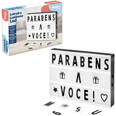 QUADRO / PAINEL LETREIRO LUMINOSO LIGHT BOX COM LETRAS / NUMEROS / SIMBOLOS A PILHA / USB
