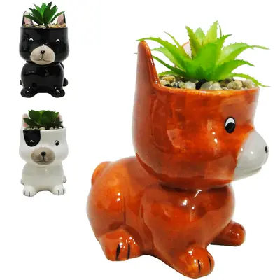 FLOR PERMANENTE SUCULENTA COM VASO CACHORRO DE PORCELANA SORTIDOS 13X11X8CM