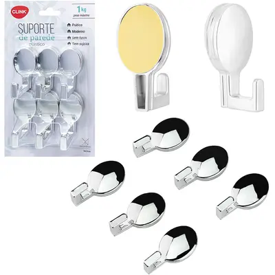 CABIDE GANCHO DE PLASTICO OVAL AUTOADESIVO METALIZADO PRATA COM 6 PECAS 5X2,5CM