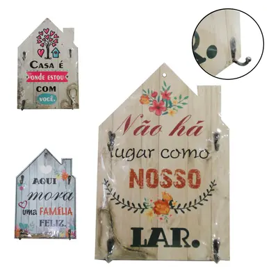 PORTA CHAVE DE MADEIRA CASA COM 3 GANCHOS DE METAL FRASES SORTIDAS 30X20CM