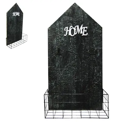 PORTA CHAVE DE MADEIRA CASA COM 4 GANCHOS + CESTO ARAMADO 46X23,5CM