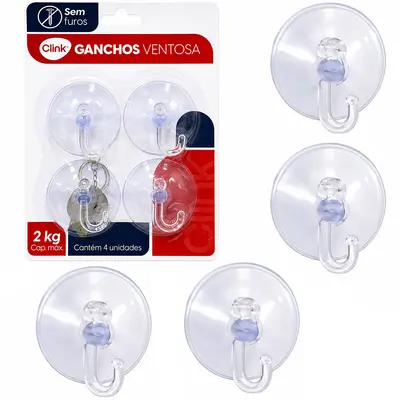 CABIDE GANCHO DE PLASTICO COM VENTOSA COM 4 PECAS 4,5CM DE Ø NA CARTELA