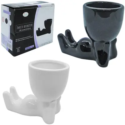 VASO DECORATIVO ROBERT PLANT DEITADO DE PORCELANA PRETO / BRANCO 12X10X7CM