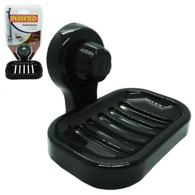SABONETEIRA DE PAREDE DE PLASTICO PRETO COM VENTOSA 12X10X9CM
