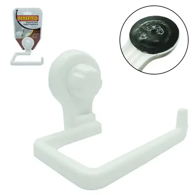 SUPORTE PORTA PAPEL HIGIENICO DE PAREDE DE PLASTICO BRANCO COM VENTOSA 12,5X11X9CM