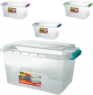 CAIXA ORGANIZADOR CONTAINER DE PLASTICO RETANGULAR COM TRAVA COLORS 19L 23X25X35CM