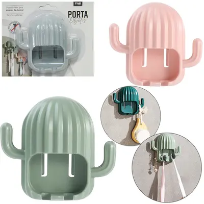 PORTA ESCOVA DENTAL DE PAREDE DE PLASTICO CACTO COM 2 GANCHOS AUTOADESIVO 10,3X9,5X3CM