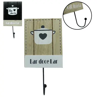PORTA CHAVE / PANO DE MADEIRA LAR DOCE LAR COM GANCHO DE METAL 20X9,5CM