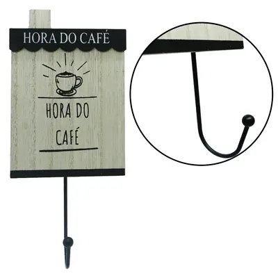 PORTA CHAVE / PANO DE MADEIRA HORA DO CAFE COM GANCHO DE METAL 21,5X9,5CM