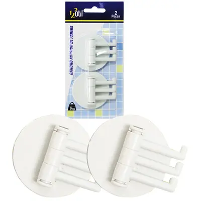CABIDE GANCHO DE PLASTICO REDONDO COM 2 PECAS TRIPLO MODULAVEL AUTOADESIVO 5,5CM DE Ø