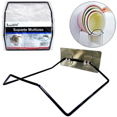 SUPORTE MULTIUSO ARAMADO COM AUTOADESIVO BLACK 21,5X19CM