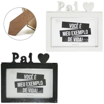PORTA RETRATO 10X15 COM MOLDURA DE PLASTICO PAI / CORACAO HORIZONTAL PRETO / BRANCO