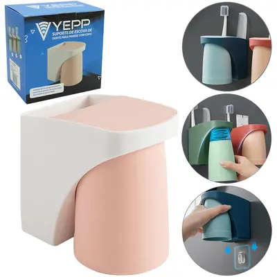 PORTA ESCOVA DENTAL DE PAREDE DE PLASTICO COM COPO MAGNETICO YEPP 11,5X11,5X7,5CM