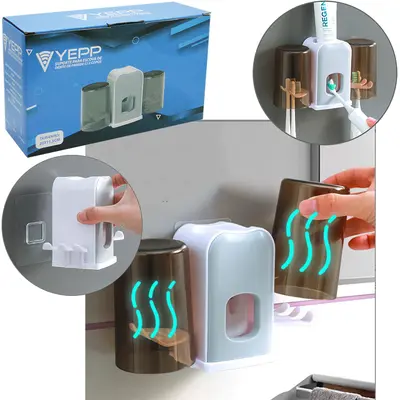PORTA ESCOVA DENTAL DE PAREDE DE PLASTICO COM 2 COPOS + DISPENSER PARA PASTA DE DENTE YEPP
