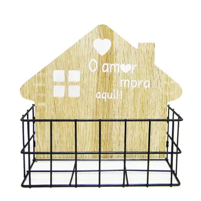 CESTO ORGANIZADOR DE PAREDE ARAMADO / MADEIRA CASA 24X20X9CM