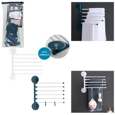 SUPORTE PARA TOALHA DE PAREDE DE PLASTICO / METAL MODULAVEL COM 5 BRACOS + 4 GANCHOS AUTOADESIVO