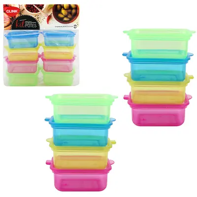 CONJUNTO DE MINI POTE DE PLASTICO RETANGULAR COM TAMPA TRANSCOLOR 8 PECAS 85ML