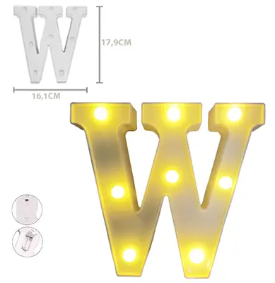 ENFEITE LUMINOSO COM 8 LEDS LETRA W DE PLASTICO 17,9X16,1CM A PILHA