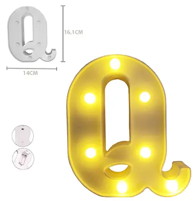 ENFEITE LUMINOSO COM 7 LEDS LETRA Q DE PLASTICO 16,1X14CM A PILHA