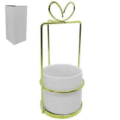 VASO DECORATIVO DE PORCELANA REDONDO COM SUPORTE ARAMADO METALIZADO DOURADO 21X9CM DE Ø