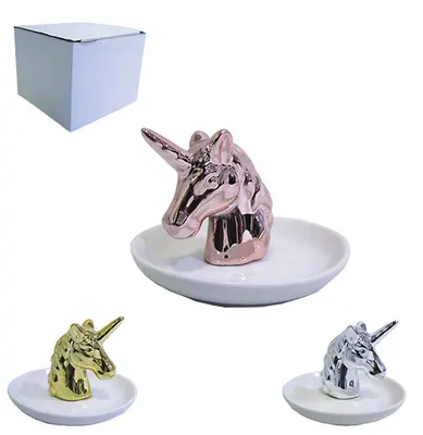 ENFEITE PORTA JOIAS UNICORNIO DE PORCELANA METALIZADO 11X8CM