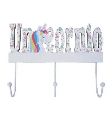 PORTA CHAVE / PANO DE MADEIRA UNICORNIO COM 3 GANCHOS DE METAL 23X18CM