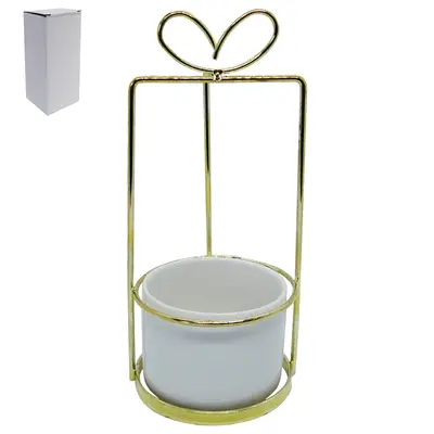 VASO DECORATIVO DE PORCELANA REDONDO COM SUPORTE ARAMADO METALIZADO DOURADO 21X9CM DE Ø