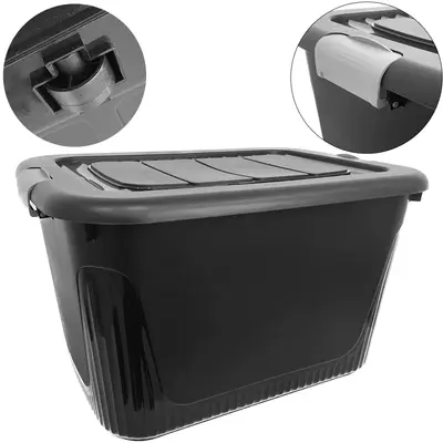 CAIXA ORGANIZADOR CONTAINER DE PLASTICO PRETO COM TAMPA + ALCA E RODIZIO 80L