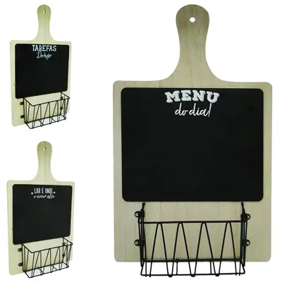 PORTA RECADO DE MADEIRA TABUA COM CESTO ARAMADO BLACK FRASES 40X23,5X7,5CM