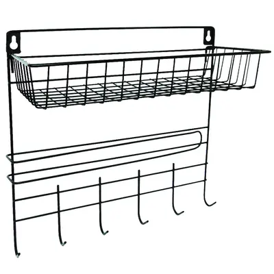 SUPORTE PRATELEIRA ORGANIZADOR ARAMADO COM 6 GANCHOS + PORTA PAPEL TOALHA BLACK 30X29X14CM